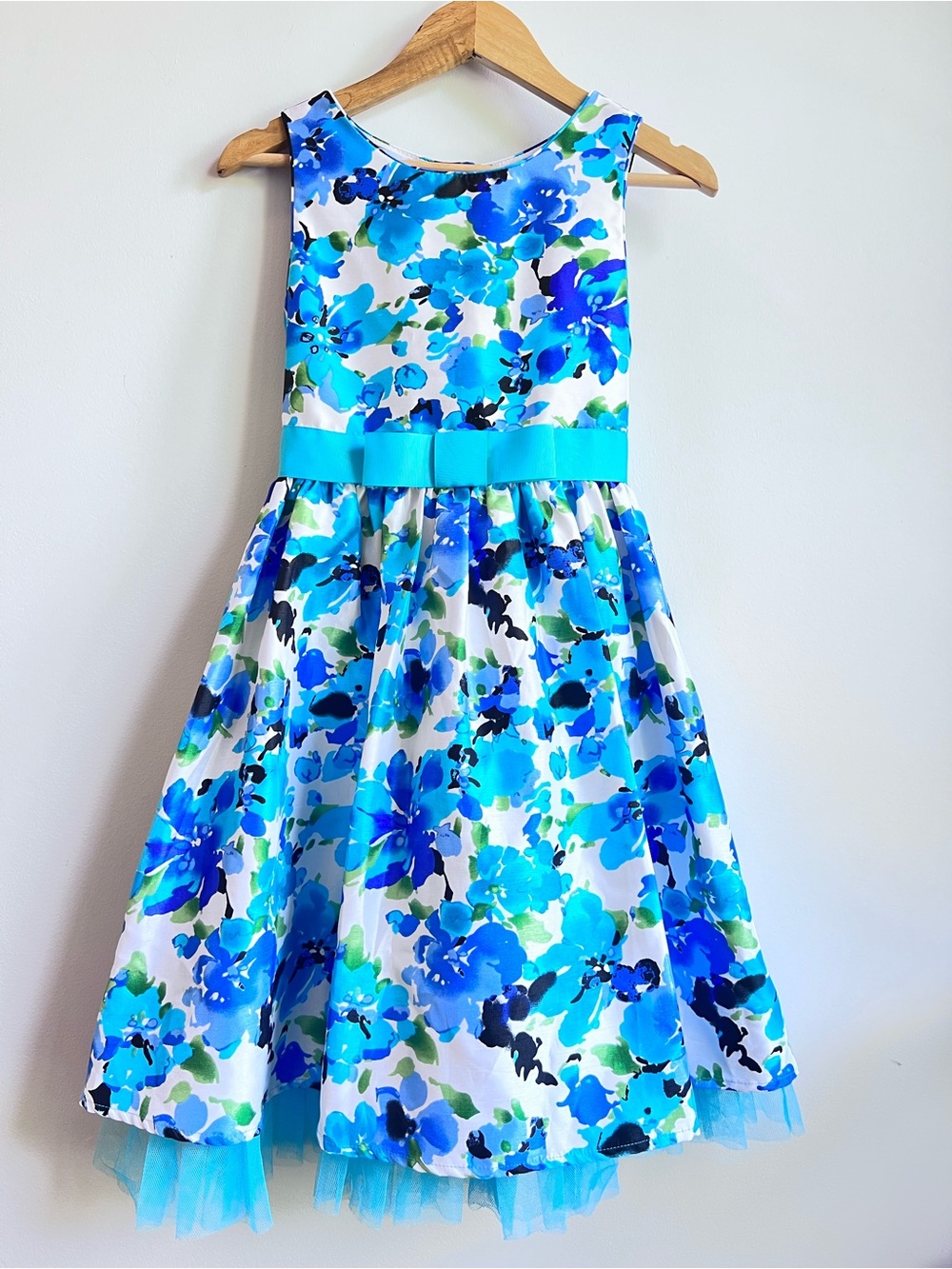 Emily West Girls Floral Formal Tule Ribbon Party Dress in Blue & White Size 10